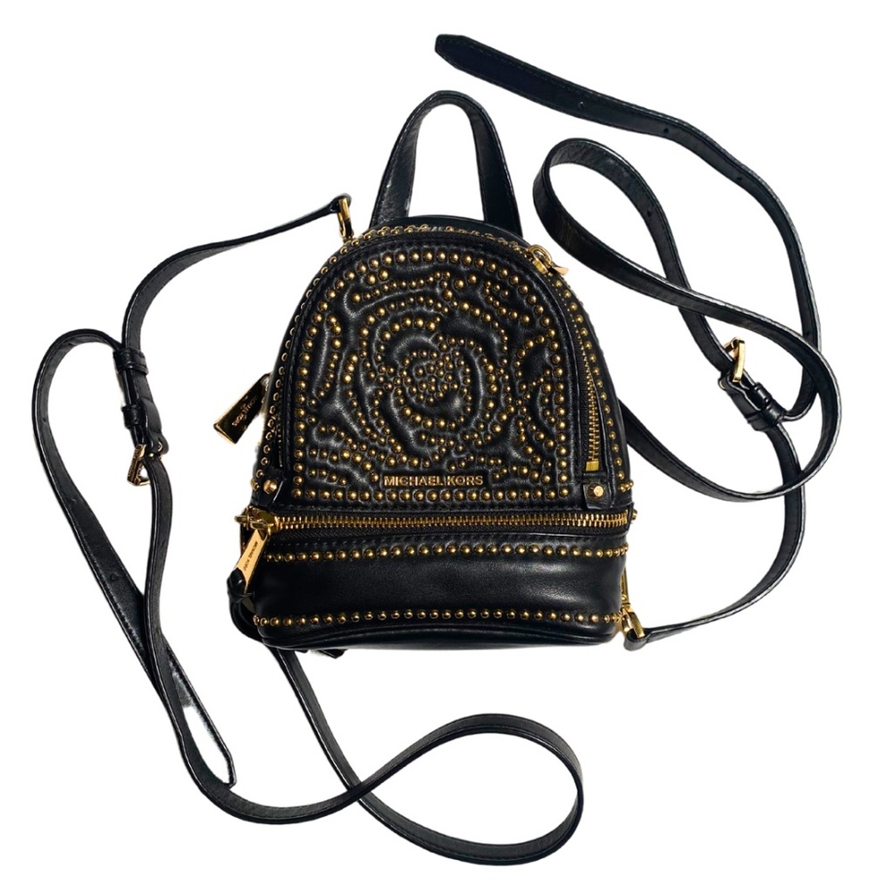 Michael Kors Rhea mini leather studded rose backpack in black